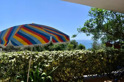 a colorful umbrella sitting in front of a hedge at Guesthouse HHL - Liman ll in Ulcinj