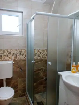 a bathroom with a shower and a toilet and a sink at Apartments Dijana in Budva