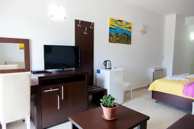 a living room with a television and a bed at Apartments Art in Ulcinj