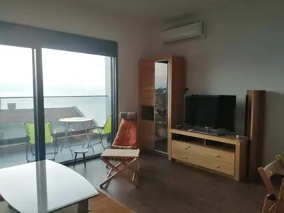 a living room with a television and a table with chairs at Apartmani Seaside in Dobra Voda