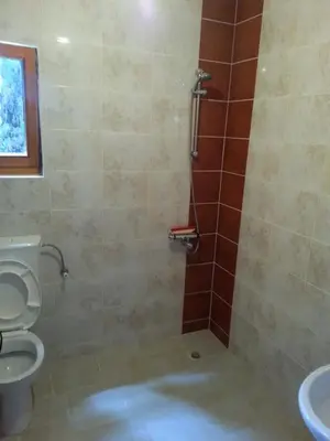 a bathroom with a shower with a toilet and a sink at Apartments Nurkovic in Dobra Voda