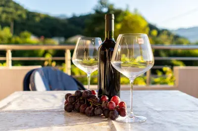 a bottle of wine and two wine glasses on a table at Pavle's Oasis in Virpazar
