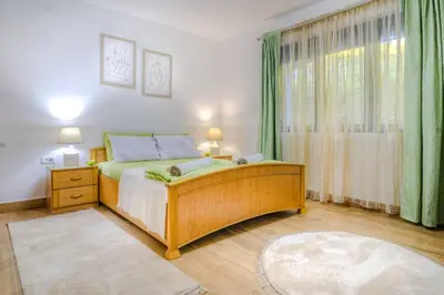 a bedroom with a bed and a window with green curtains at Pavle's Oasis in Virpazar