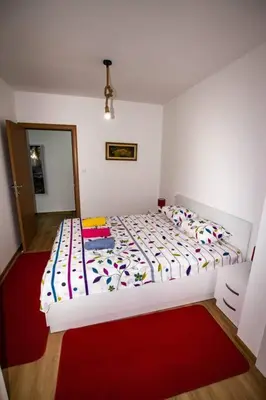 a white bed in a room with a red rug at Milan apartment in Bar