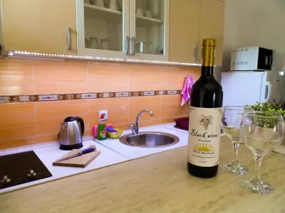 a bottle of wine sitting on a kitchen counter with a glass at Apartments MileS in Utjeha