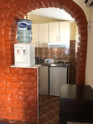 a kitchen with a red brick wall with aperature at Apartments Moracanin in Sutomore