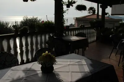 a table with a vase of flowers on a patio at Apartments Grloman in Sveti Stefan
