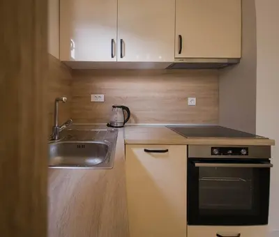 a small kitchen with a sink and a stove at SereneHaven in Kotor