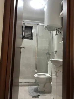 a bathroom with a shower and a toilet and a sink at Midpoint in Kotor