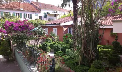 a garden in front of a house with flowers and plants at Apartment City Garden in Kotor