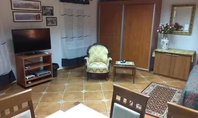 a living room with a tv and a chair at Apartment City Garden in Kotor