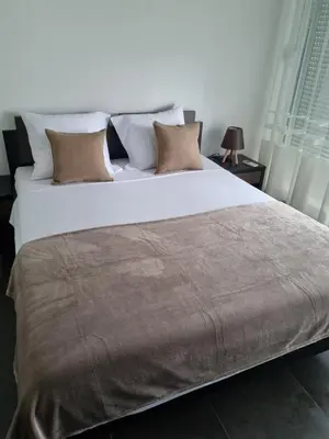 a bedroom with a large bed with white sheets and pillows at Apartmani Sutomore Tri Palme in Sutomore
