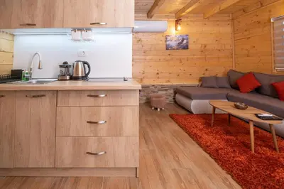 a kitchen and living room with a couch and a table at Oasis of Peace in Cetinje