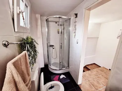 a bathroom with a shower and a toilet at Melody apartment in Podgorica