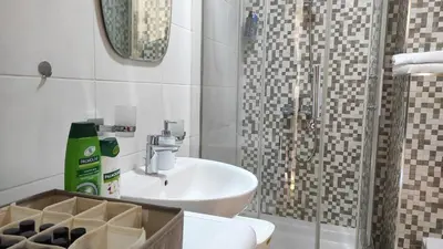 a bathroom with a sink and a shower at Allurian Apartment - City kvart in Podgorica