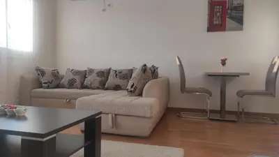 a living room with a couch and a table at Allurian Apartment - City kvart in Podgorica