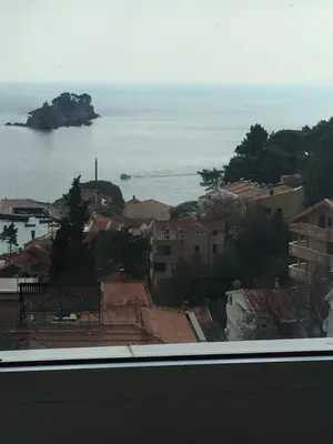 a view of the ocean from a city at Oro Apartments in Petrovac na Moru