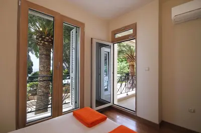 a room with three windows and a palm tree at Apartments Dangubic in Petrovac na Moru