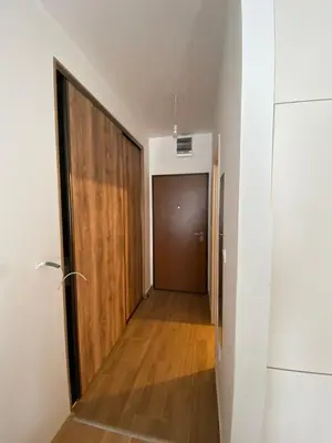 a hallway with a door and a wooden floor at Podgorica apartment in Podgorica