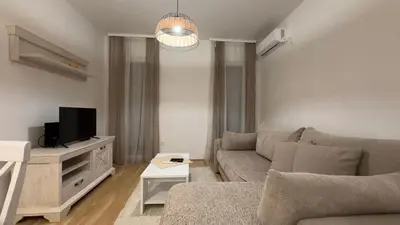 a living room with a couch and a tv at Podgorica apartment in Podgorica