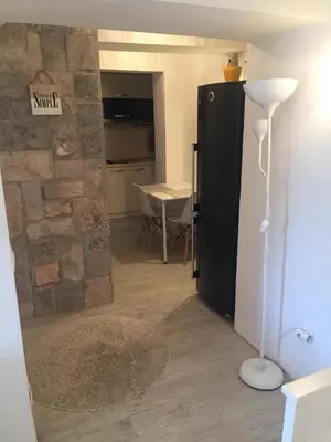 a kitchen with a black refrigerator and a table at Alex Apartments in Budva