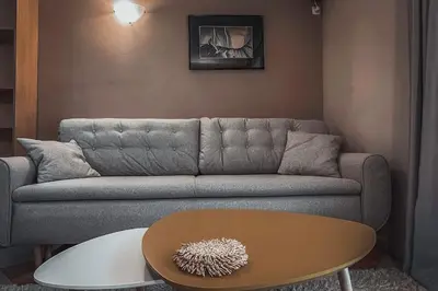 a living room with a couch and a coffee table at Apartment Podgorica Center in Podgorica
