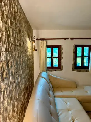 a living room with a couch against a stone wall at Shasi Eco Lodge in Ambula