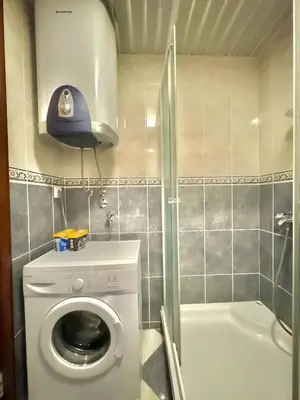 a bathroom with a washing machine and a bath tub at Comfort Family Apartment Eva in Budva