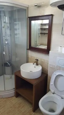 a bathroom with a sink and a toilet and a mirror at Apartments Spas in Budva