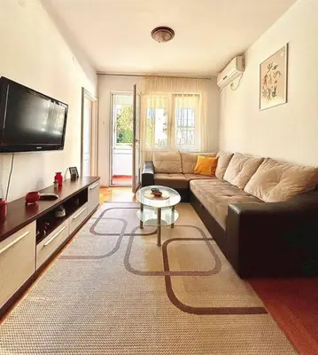 a living room with a couch and a flat screen tv at Cozy, charming one bedroom apt in Podgorica