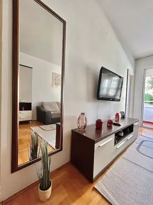 a living room with a large mirror and a television at Cozy, charming one bedroom apt in Podgorica