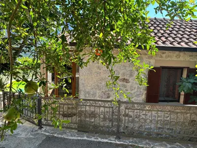 a fence in front of a house with a tree at Ethno House Ivanovic in Virpazar