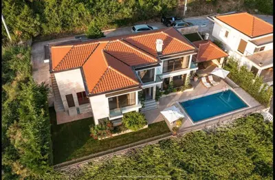 an overhead view of a house with an orange roof at Wall Villa in Bar