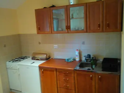 a kitchen with a white stove and a sink at Holiday Home Nikolić in Njeguši