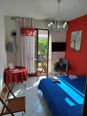 a bedroom with a blue bed and a red wall at Sandra Apartment 3 in Kotor