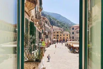 a view of a city street from a window at Spacious 1Bedroom on the Main Square of Kotor in Kotor