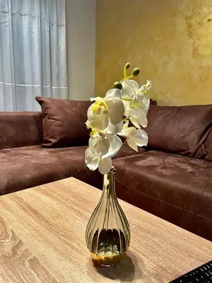 a glass vase with flowers in it on a table at Naki home in Pobrežje