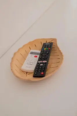 two remote controls sitting on top of a wooden plate at Apartments Chiara Garden in Ulcinj