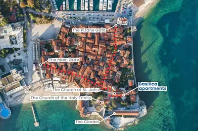 a map of the city of the key inn at Basilica Apartments in Budva