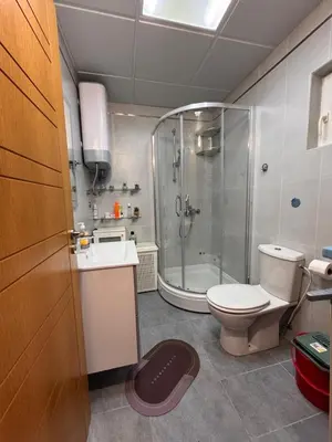 a bathroom with a shower and a toilet and a sink at Beachfront First Line View in Sveti Stefan