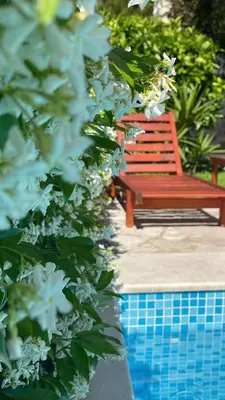 a red bench sitting next to a swimming pool at Apartments Mrdak in Bar