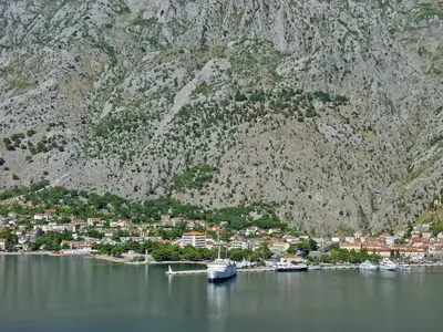 a boat in a body of water next to a mountain at Apartment Mimosa in Kotor