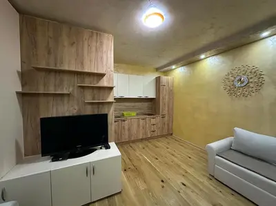 a living room with a flat screen tv and a couch at Lux Apartment Oasis in Rafailovici