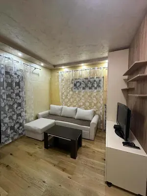 a living room with a couch and a tv at Lux Apartment Oasis in Rafailovici