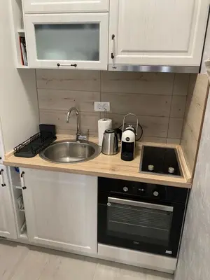 a small kitchen with a sink and a stove at Adriatic apartman in Budva