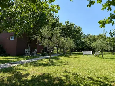 a park with a bench and trees in the grass at Tiny house 1 - Imanje Terzic in Podgorica