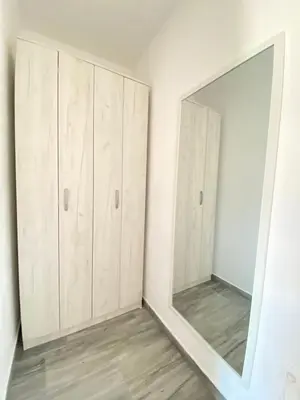 a bedroom with a large mirror and white walls at OLGA APARTMENT in Kotor
