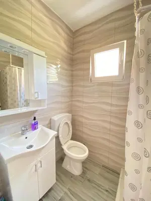a bathroom with a white toilet and a sink at OLGA APARTMENT in Kotor