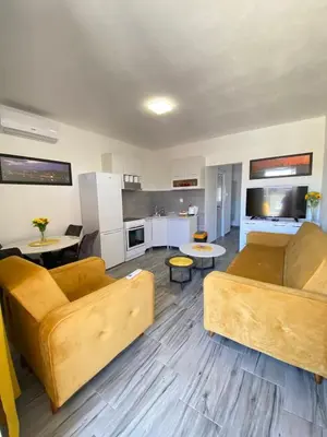 a living room with two brown couches and a kitchen at OLGA APARTMENT in Kotor