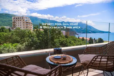 a balcony with a table and chairs and a view of the water at The Dream Getaway SkyLine by DeVasco in Becici